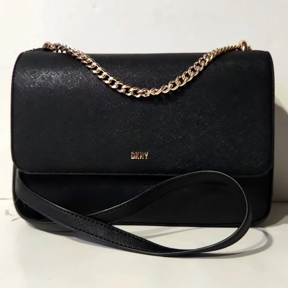 NWT! DKNY Sina Medium Flap Shoulder Bag Black Gold MSRP $198